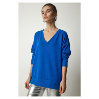 Štěstí İstanbul Dámský kobaltově modrý načechraný pletený svetr s výstřihem do V