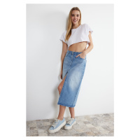 Trendyol Blue Front Zipper High Waist Midi Denim Skirt