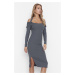 Trendyol Gray Collar Detailed Maxi Corduroy Knitted Dress
