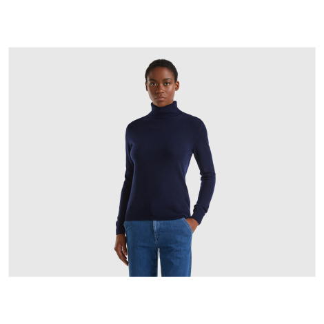 Benetton, Dark Blue Turtleneck Sweater In Pure Merino Wool United Colors of Benetton