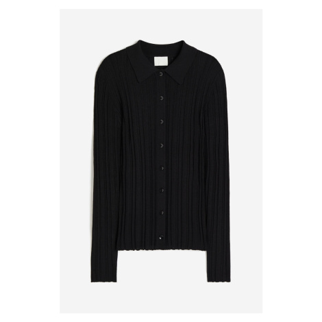 H & M - Žebrovaný propínací svetr's límcem - černá H&M