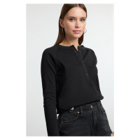 Trendyol Black Buttoned Regular/Normal Cut Ribbed Flexible Regular Length Knitted Blouse