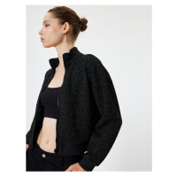 Koton Bomber Cardigan Glittered Stand Collar Zippered Ribbed