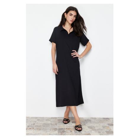 Trendyol Black Polo Neck Short Sleeve Midi Crepe/Textured Knitted Dress