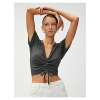 Koton Crop T-Shirt V Neck Gathered Detailed