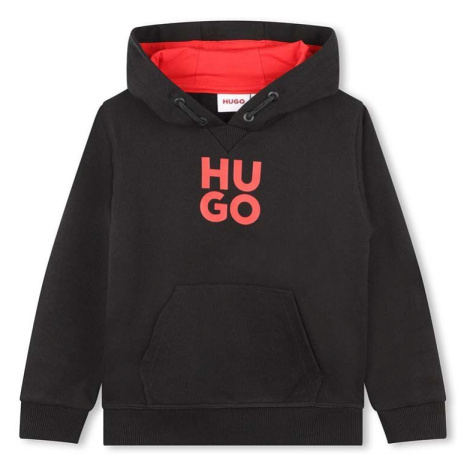 Dětská mikina HUGO černá barva, s kapucí, s potiskem Hugo Boss