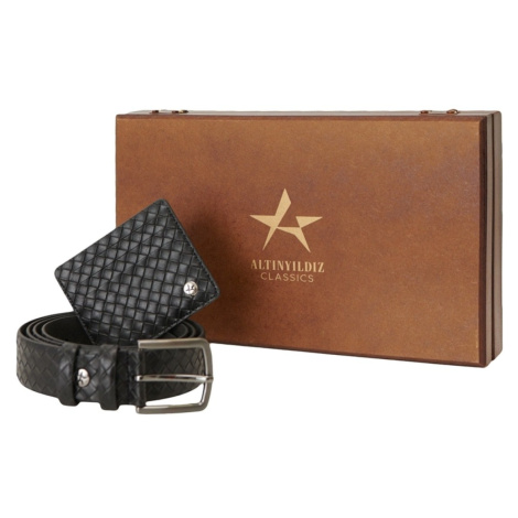 ALTINYILDIZ CLASSICS Men's Black Special Wooden Belt with Gift Box - Card Holder Accessory Set G AC&Co / Altınyıldız Classics