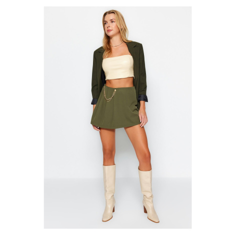 Trendyol Dark Khaki Chain and Pleat Detailed Woven Shorts Skirt