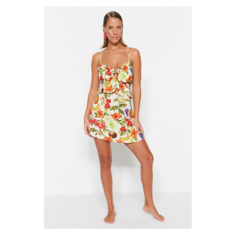 Trendyol Floral Patterned Mini Woven Accessories Beach Dress
