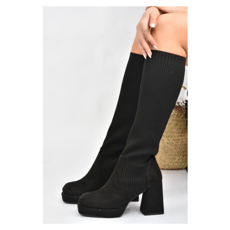 Fox Shoes Women's Black Suede Platform Heeled Knitwear Boots