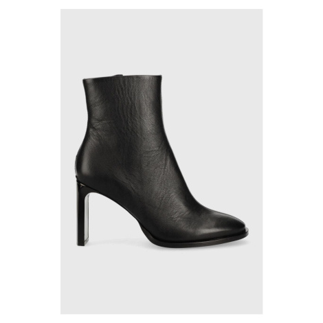 Kožené kotníkové boty Calvin Klein Curved Stil Ankle Boot 80 dámské, černá barva, na podpatku