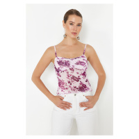 Trendyol Pink Floral Printed Adjustable Straps Special Textured Strappy Flexible Knitted Blouse