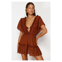 Trendyol Brown Mini Woven Embroidery Detailed 100% Cotton Beach Dress