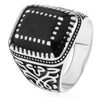 Stříbrný prsten 925, ornamenty na ramenech, obdélníky s černou glazurou