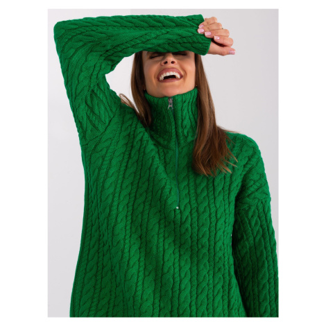 Zelený dlouhý svetr s kabely a zipem Fashionhunters