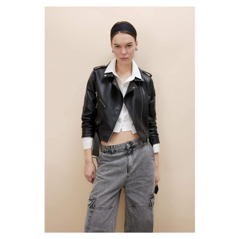 DEFACTO Relax Fit Faux Leather Belted Crop Biker Jacket