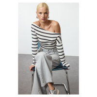 Trendyol Dark Gray Striped Premium Soft Fabric Fitted Boat Neck Knitted Blouse