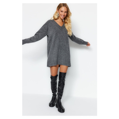 Trendyol Anthracite Mini Knitwear Soft Textured V Neck Dress