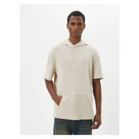 Koton Hooded T-Shirt Short Sleeve Kangaroo Pocket Detail Off Shoulders