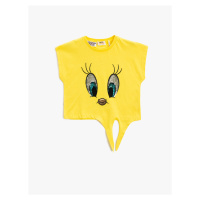 Koton Tweety Licensed T-Shirt. Sequined Embroidered Short Sleeves with Tie Waist Crewneck.