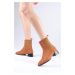 Mio Gusto Shania Tan Color Thin Fur Lined Elasticated Flat Toe Women's Heeled Boots