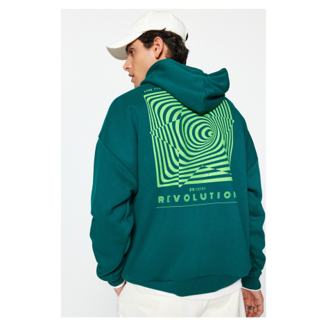 Trendyol Dark Green Oversize/Wide-Fit Maze Printed Fleece Inside Cotton Sweatshirt
