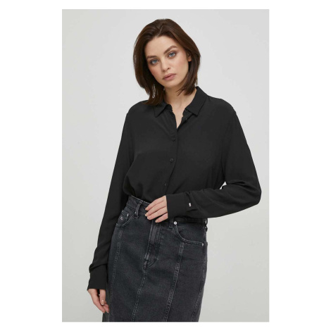 Košile Tommy Hilfiger dámská, černá barva, relaxed, s klasickým límcem, WW0WW40535