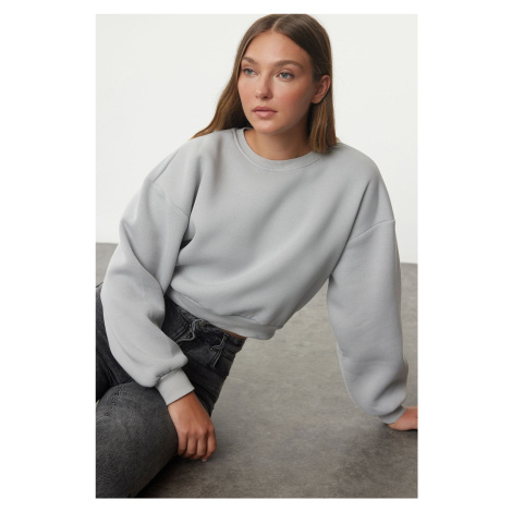 Trendyol Gray Relaxed Fit Crop Basic Crew Neck Thick Fleece Knitted Sweatshirt