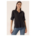 By Saygı Button-Front Polo Collar Shirt with Buttons, Folded Sleeves Black