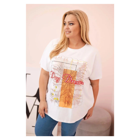 Dámská bavlněná halenka Plus Size s potiskem „Day Dream“ bílá + oranžová