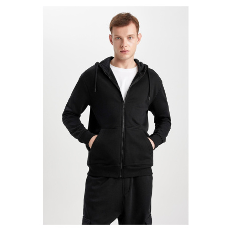 DEFACTO Black Regular Fit Hooded Soft Furry Inside Pocket Basic Plain Zipper Sweatshirt