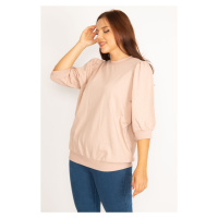Şans Women's Plus Size Powder Smoked Shoulder Capri Sleeve Sweatshirt
