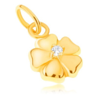 Přívěsek ze žlutého 14K zlata - blyštivý pětilistý květ s kamínkem
