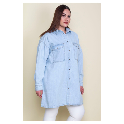 Şans Women's Plus Size Blue Loose Fit Oversized Denim Tunic Jacket with Snap Buttons