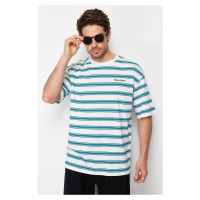 Trendyol Green Oversize Embroidered Striped 100% Cotton T-Shirt