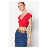 Trendyol Red Crop Corduroy Knitted Cotton Shirt, Double Breasted, Double Breasted