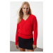 Trendyol Red Asymmetric Button Detailed Knitwear Cardigan