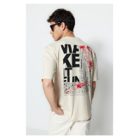 Trendyol Stone Relaxed/Comfortable Cut Text Printed 100% Cotton T-Shirt