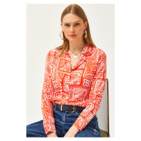 Olalook Women's Orange Patch Patterned Woven Viscose Shirt