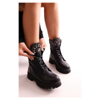 Shoeberry Women's Bodin Black Skin Stony Thick Heeled Boots Boots Black.