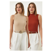 Happiness İstanbul Women's Tile Cream Turtleneck Sleeveless 2 Pack Knitted Blouse