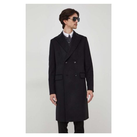 Vlněný kabát BOSS černá barva, přechodný, dvouřadový Hugo Boss