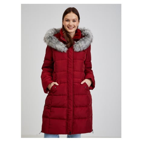 Vínový dámský péřový zimní kabát s kapucí a umělým kožíškem ORSAY