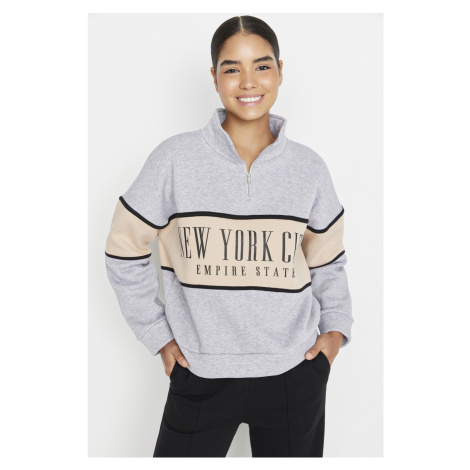 Trendyol Gray Melange Basic Printed Fleece Inside Knitted Sweatshirt