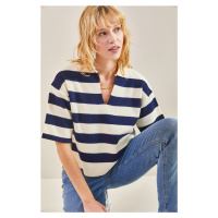 Bianco Lucci Women's Polo Neck Striped Oversize Knitwear Sweater