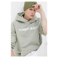 Bavlněná mikina Tommy Jeans pánská, zelená barva, s kapucí, s potiskem, DM0DM18413