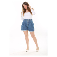 Şans Women's Plus Size Blue Waist Tunnel Laced Pleated Denim Shorts