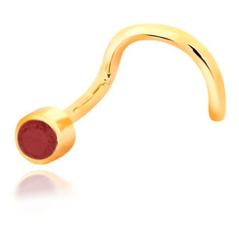 Piercing do nosu ze žlutého 14K zlata - zahnutý tvar, červený rubín v objímce Šperky eshop