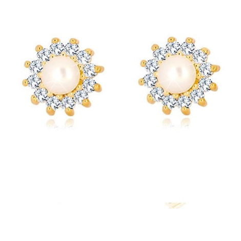 Zlaté 9K náušnice - třpytivý zirkonový květ, perla bílé barvy, puzetky