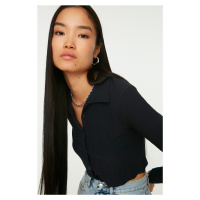Trendyol Navy Blue Knitted Blouse with Buttons Fitted/Sticky Polo Neck Creme/Textured Crop